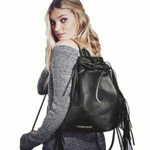 Victoria's Secret Black Leather Fringe Drawstring Backpack
